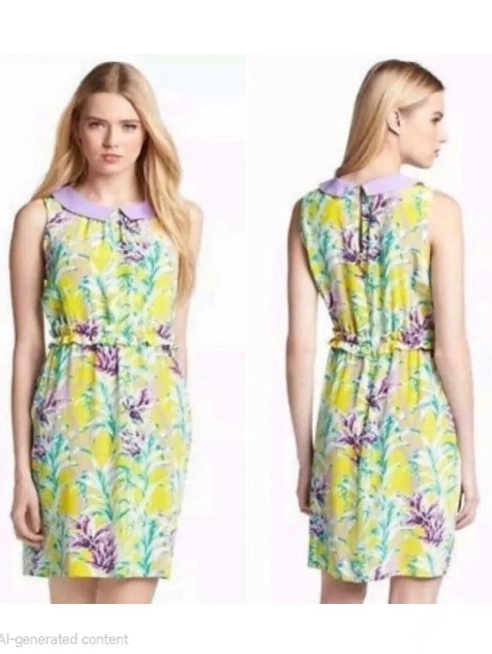 Kate Spade Yellow & Lavender Floral Print Peter Pan Collar Silk Dress